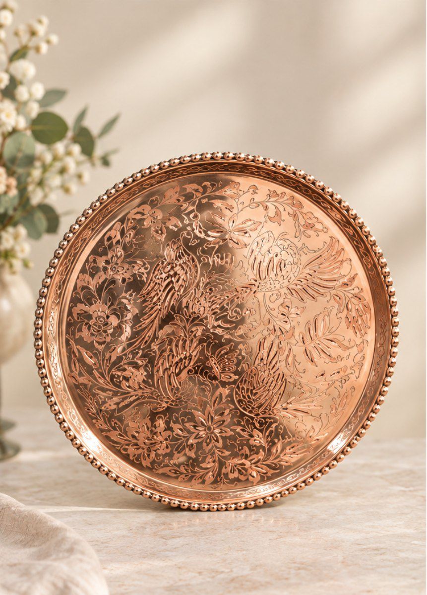 سینی مسی گل و مرغ تراش